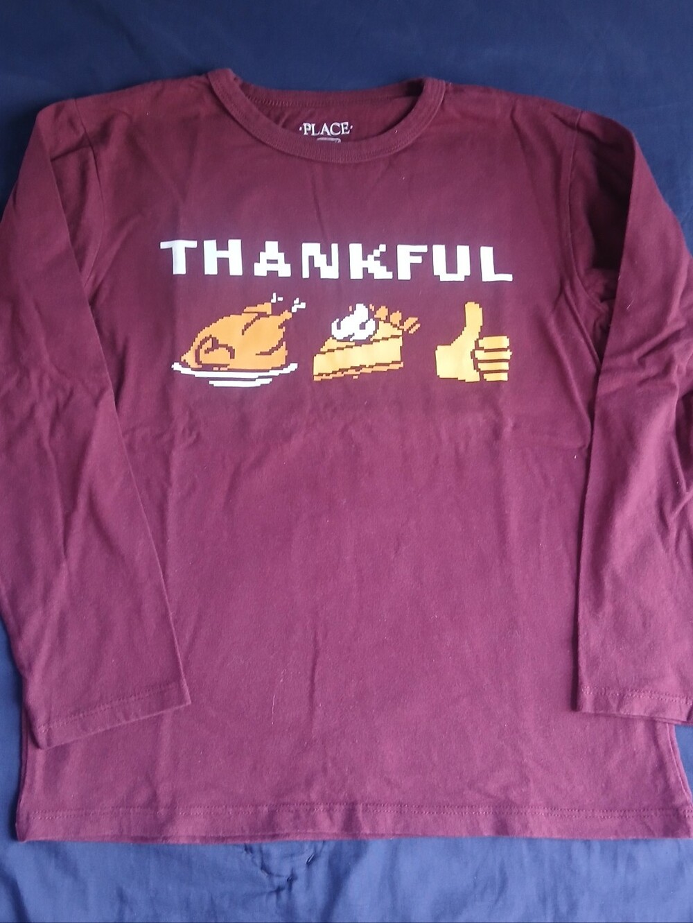 Place Maroon 'Thankful' Long Sleeve Tee with Pixel Food Graphic